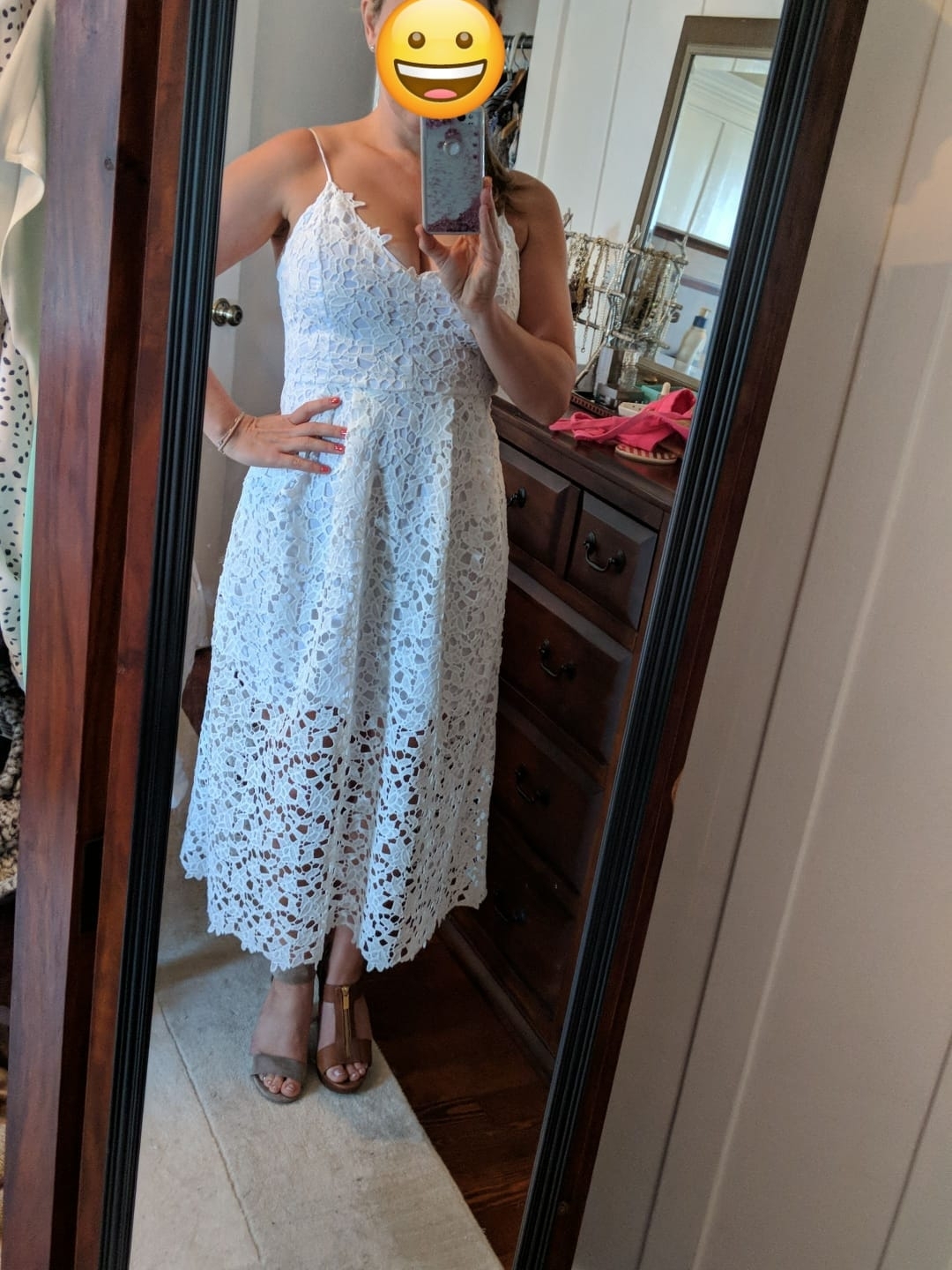 White Crochet Lace Midi Dress With Spaghetti Straps